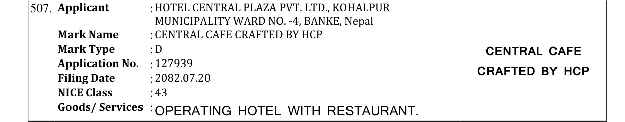 Original bulletin entry for CENTRAL CAFE CRAFTED BY HCP