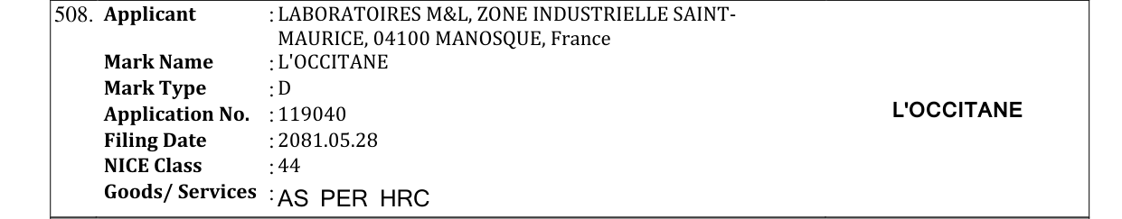 Original bulletin entry for L'OCCITANE