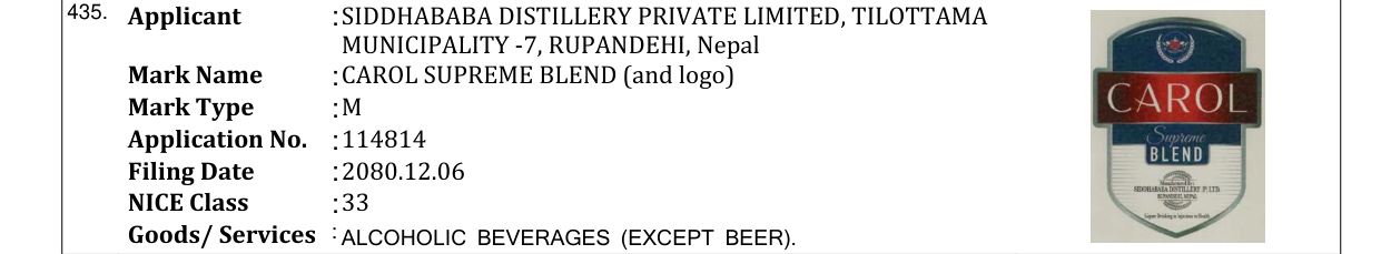 Original bulletin entry for CAROL SUPREME BLEND (and logo)