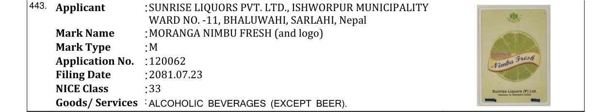 Original bulletin entry for MORANGA NIMBU FRESH (and logo)