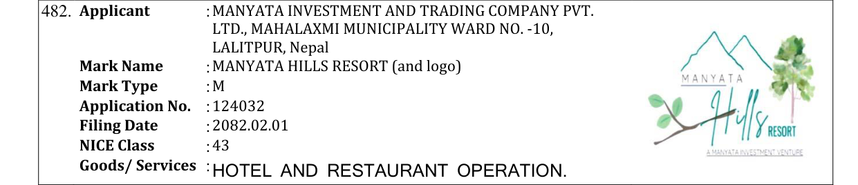 Original bulletin entry for MANYATA HILLS RESORT (and logo)
