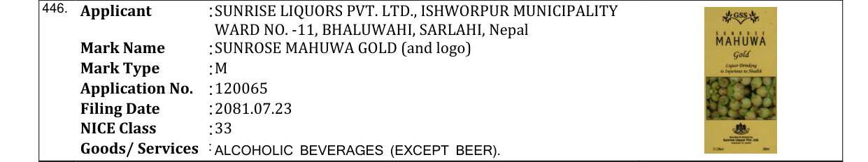 Original bulletin entry for SUNROSE MAHUWA GOLD (and logo)