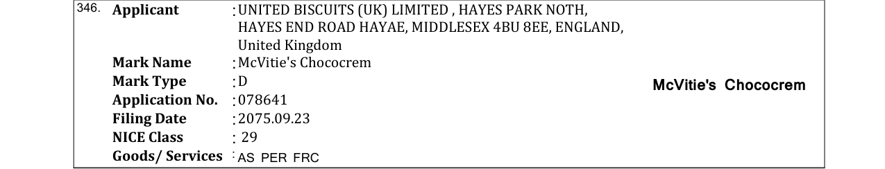 Original bulletin entry for McVitie's Chocokream (and logo)