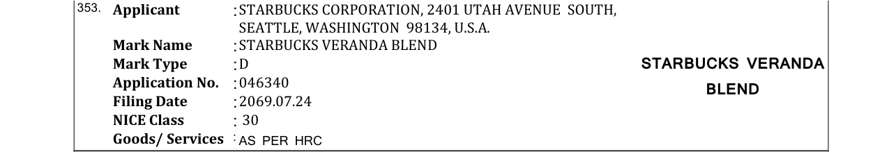 Original bulletin entry for STARBUCKS WILLOW BLEND