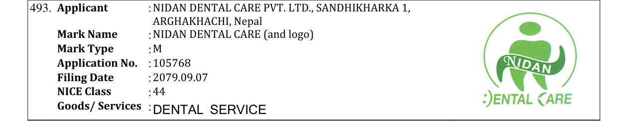 Original bulletin entry for NIDAN DENTAL CARE (and logo)