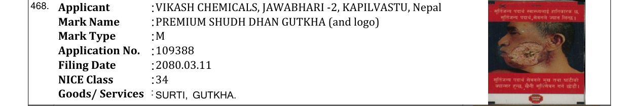 Original bulletin entry for PREMIUM SHUDH DHAN GUTKHA (and logo)