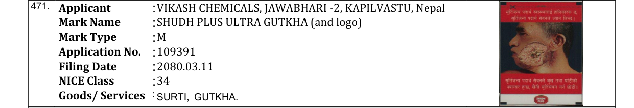Original bulletin entry for SHUDH PLUS ULTRA GUTKHA (and logo)