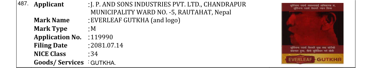 Original bulletin entry for EVERLEAF GUTKHA (and logo)
