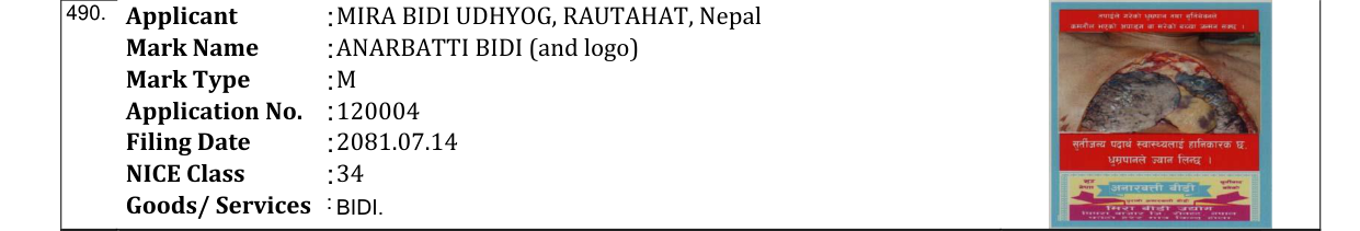 Original bulletin entry for ANARBATTI BIDI (and logo)