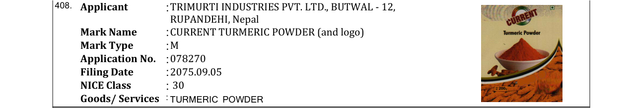 Original bulletin entry for CURRENT CHILLI POWDER (and logo)