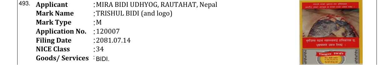 Original bulletin entry for TRISHUL BIDI (and logo)