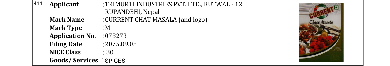 Original bulletin entry for CURRENT CHICKEN MASALA (and logo)