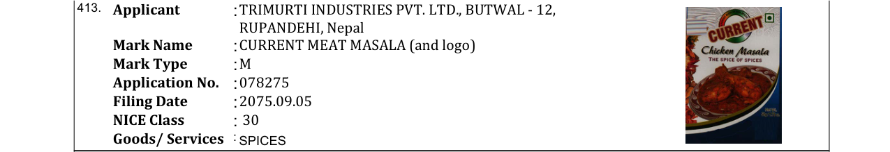 Original bulletin entry for CURRENT MIX MASALA (and logo)