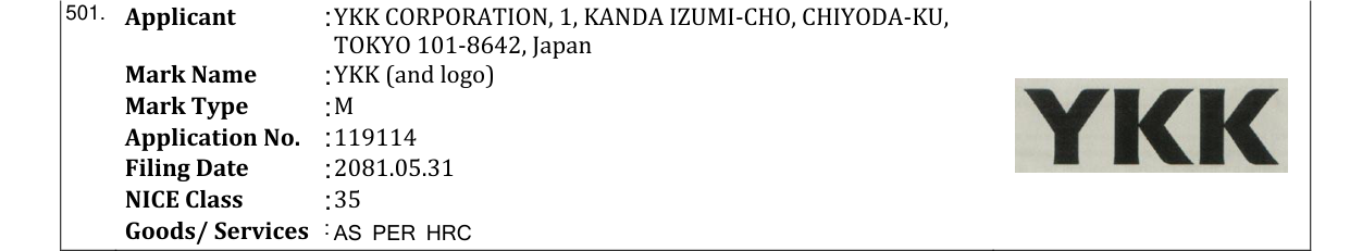 Original bulletin entry for YKK (and logo)