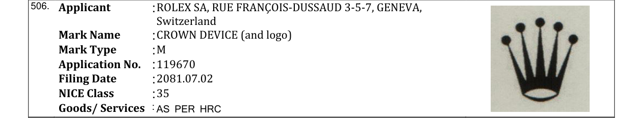 Original bulletin entry for CROWN DEVICE (and logo)
