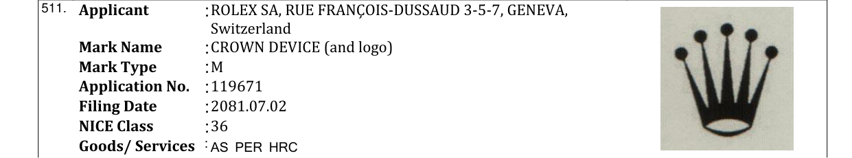 Original bulletin entry for CROWN DEVICE (and logo)