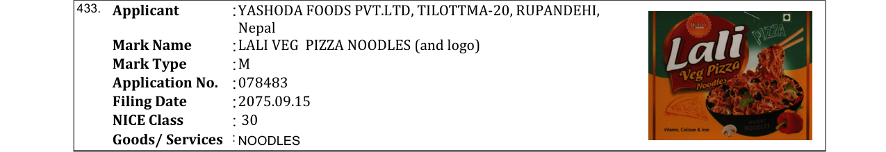Original bulletin entry for LALI CHICKEN PIZZA NOODLES (and logo)