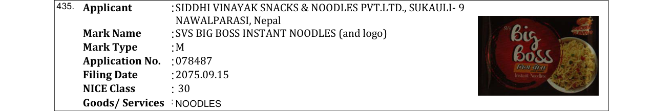 Original bulletin entry for SVS BIG BOSS INSTANT NOODLES (and logo)