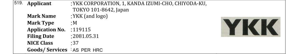 Original bulletin entry for YKK (and logo)