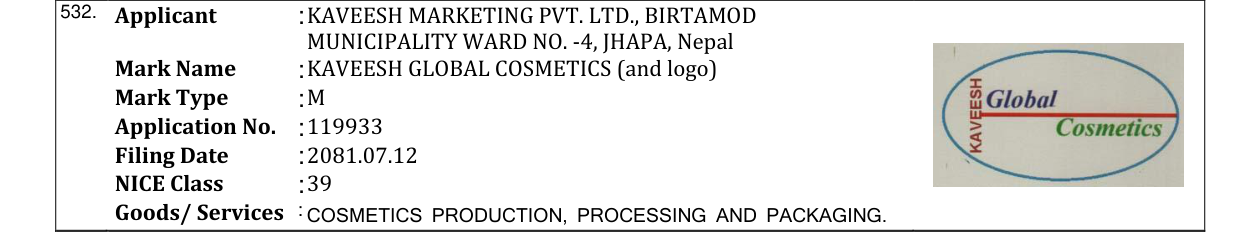 Original bulletin entry for KAVEESH GLOBAL COSMETICS (and logo)