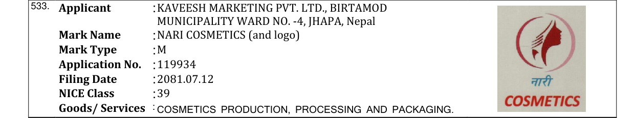 Original bulletin entry for NARI COSMETICS (and logo)