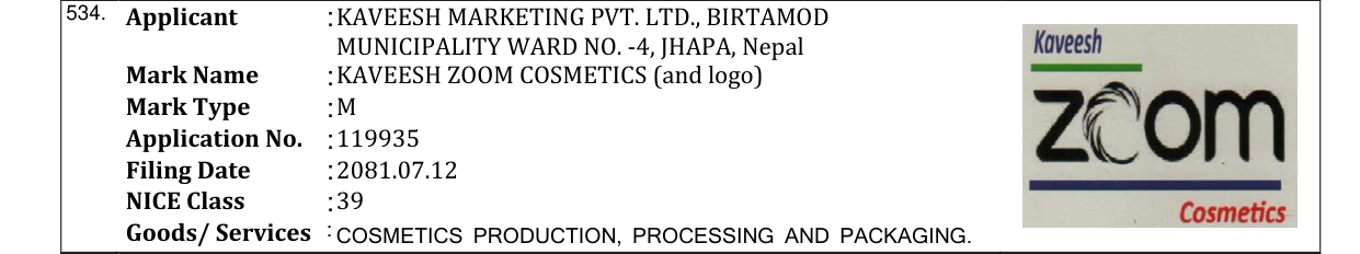 Original bulletin entry for KAVEESH ZOOM COSMETICS (and logo)