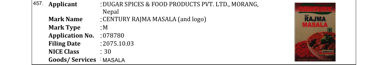 Original bulletin entry for CENTURY CHANA (CHHOLA) MASALA (and logo)