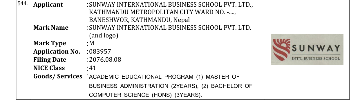 Original bulletin entry for SUNWAY INTERNATIONAL BUSINESS SCHOOL PVT. LTD. (and logo)