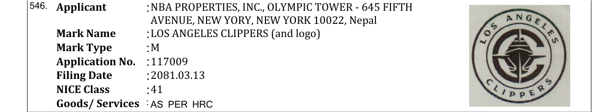 Original bulletin entry for LOS ANGELES CLIPPERS (and logo)