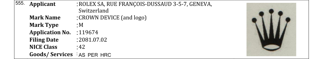 Original bulletin entry for CROWN DEVICE (and logo)