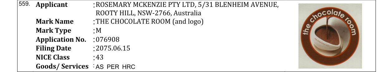 Original bulletin entry for THE CHOCOLATE ROOM (and logo)