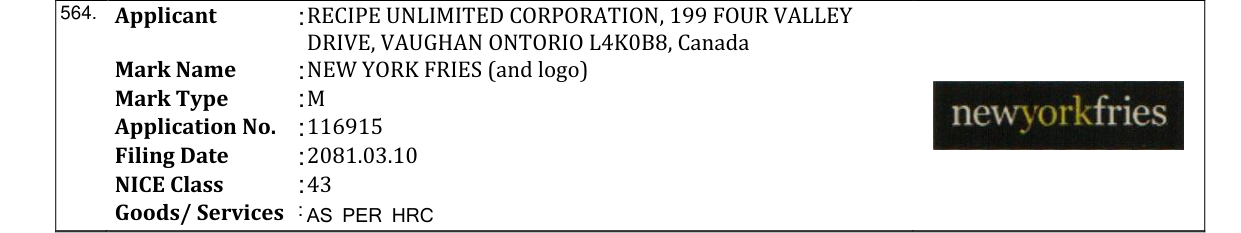 Original bulletin entry for NEW YORK FRIES (and logo)