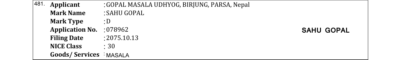 Original bulletin entry for RAAGAA GOLD PREMIUM ZARDA (and logo)
