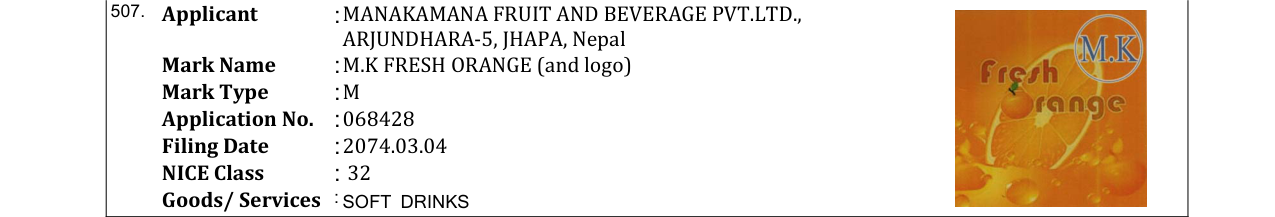 Original bulletin entry for M.K FRESHTA (and logo)