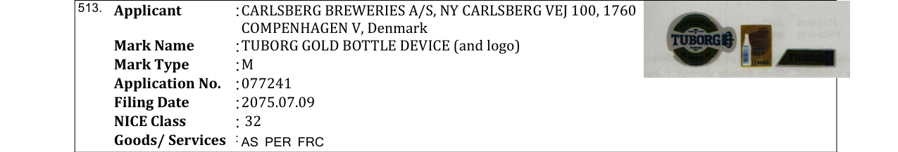 Original bulletin entry for CARLSBERG BOTTLE (and logo)