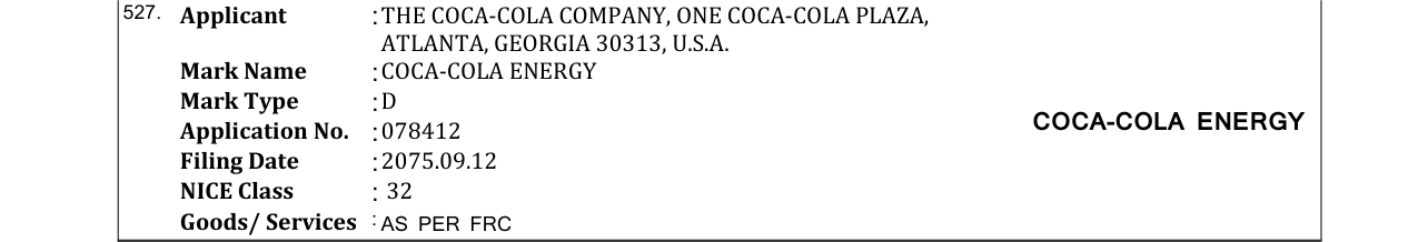 Original bulletin entry for COCA-COLA ENERGY (and logo)
