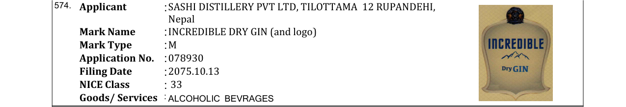 Original bulletin entry for INCREDIBLE PREMIUM VODKA (and logo)
