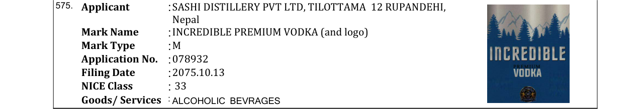 Original bulletin entry for SHASHI'S MASTER PIECE WHISKY (and logo)
