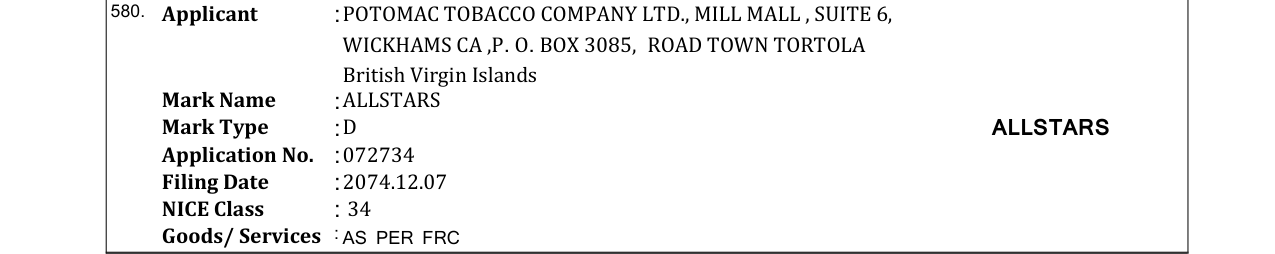 Original bulletin entry for BHOLA ROYAL ZAFRANI ZARDA (and logo)