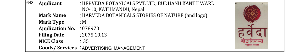 Original bulletin entry for HARVEDA BOTANICALS STORIES OF NATURE (and logo)
