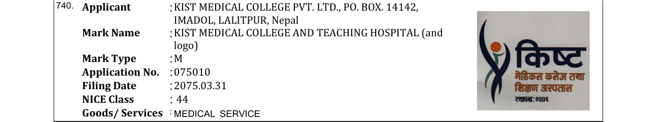 Original bulletin entry for KIST MEDICAL COLLEGE AND TEACHING HOSPITAL (and logo)