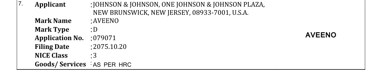 Original bulletin entry for AVEENO