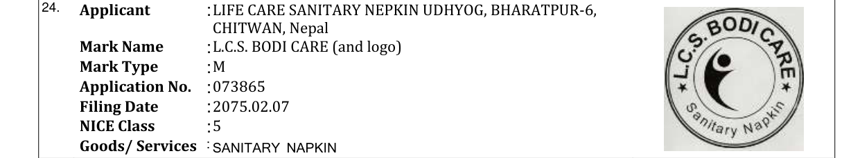Original bulletin entry for L.C.S. BODI CARE (and logo)