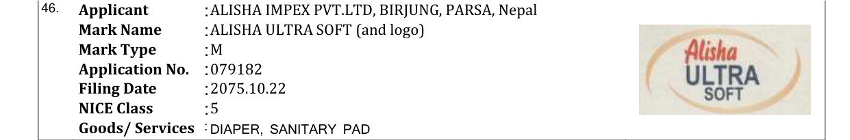 Original bulletin entry for ALISHA ULTRA SOFT (and logo)