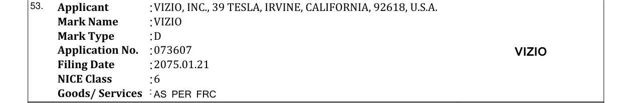 Original bulletin entry for VIZIO