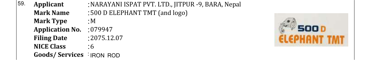 Original bulletin entry for 500 D ELEPHANT TMT (and logo)