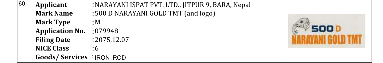 Original bulletin entry for 500 D NARAYANI GOLD TMT (and logo)