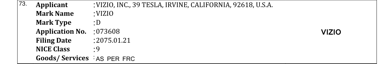 Original bulletin entry for VIZIO