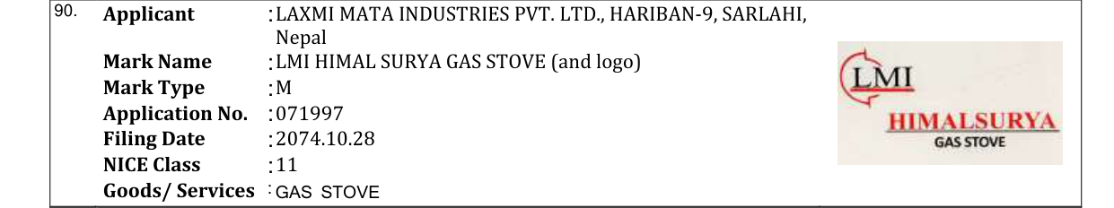 Original bulletin entry for LMI HIMAL SURYA GAS STOVE (and logo)