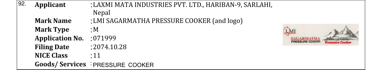 Original bulletin entry for LMI SAGARMATHA PRESSURE COOKER (and logo)